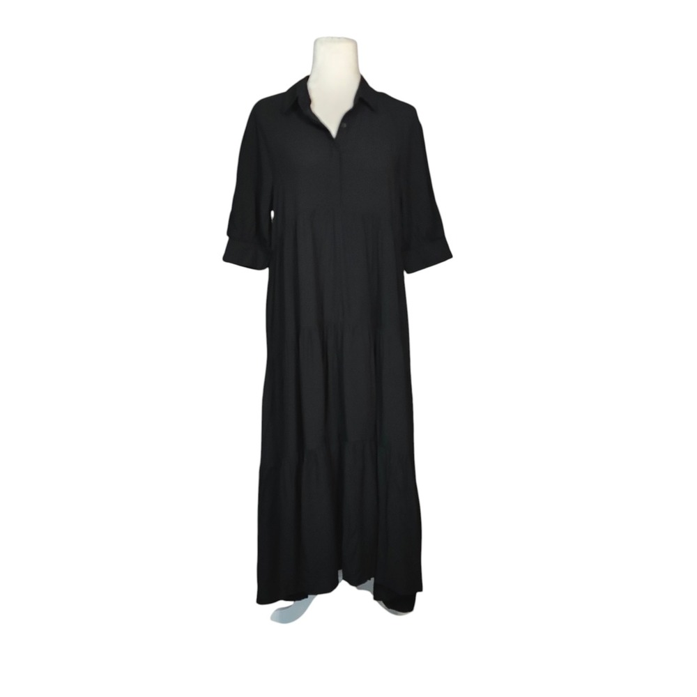 Natural Life Rebecca Midi Dress Black Tiered Rayon Pockets Lagenlook Flowy - M - Picture 2 of 9